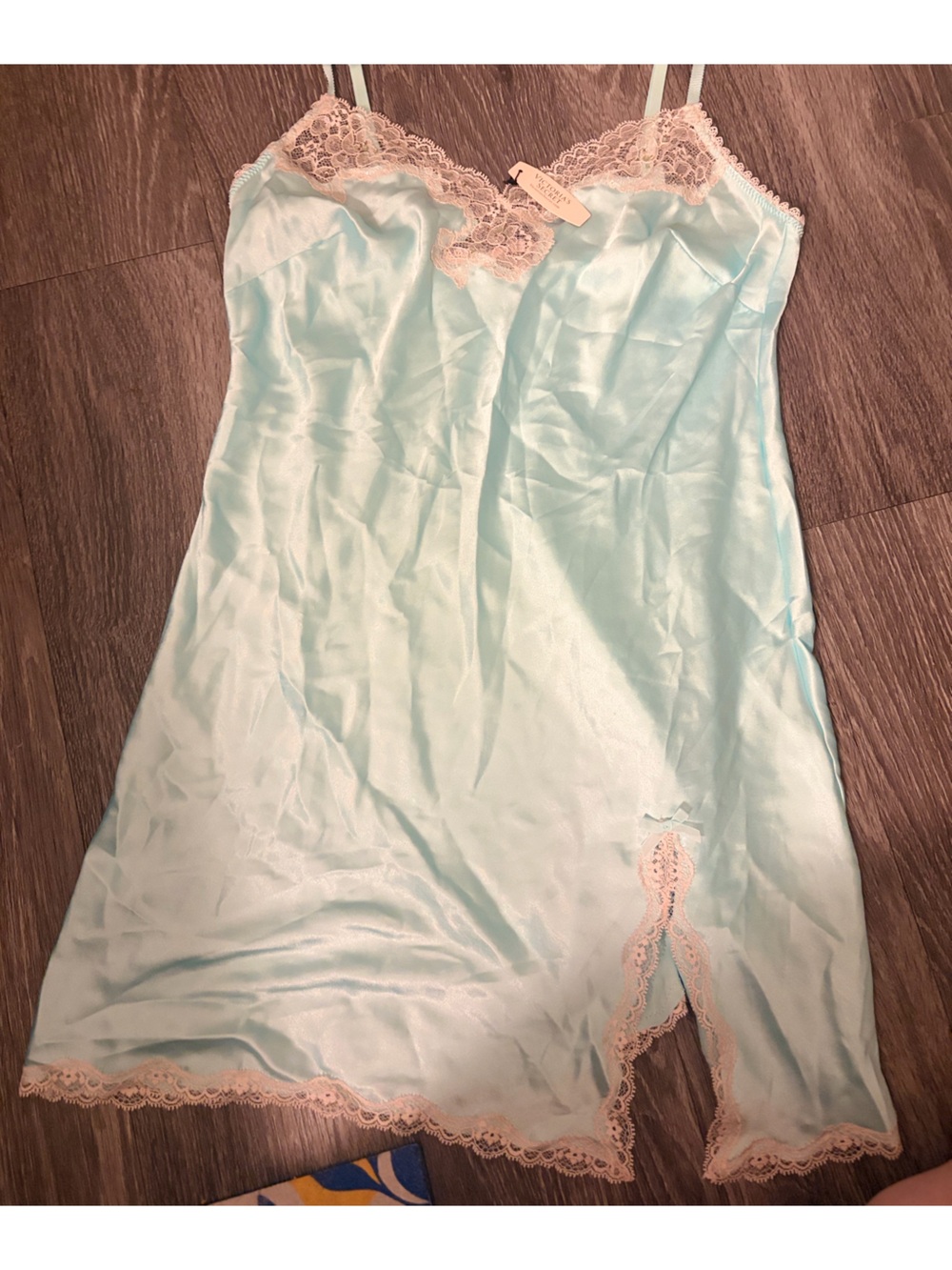 Vintage Y2K Victoria’s Secret Aqua Satin Slip S Rhinestone Lace Coquette NWT